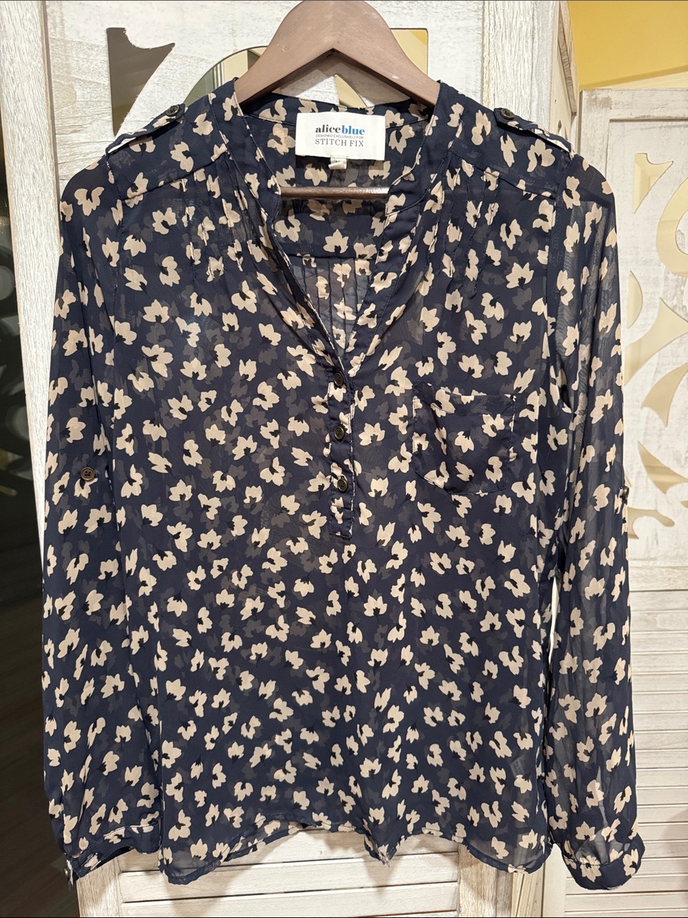 Alice + Olivia Navy Button-Front Sheer Blouse with Cream Floral Spots